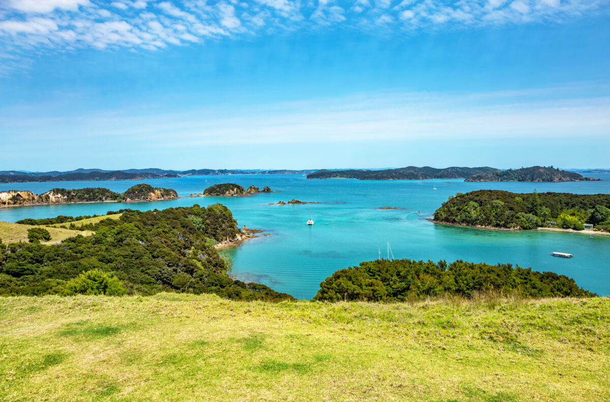 Blick vom Urupukapuka Lookout über die Inseln und Buchten der Bay of Islands